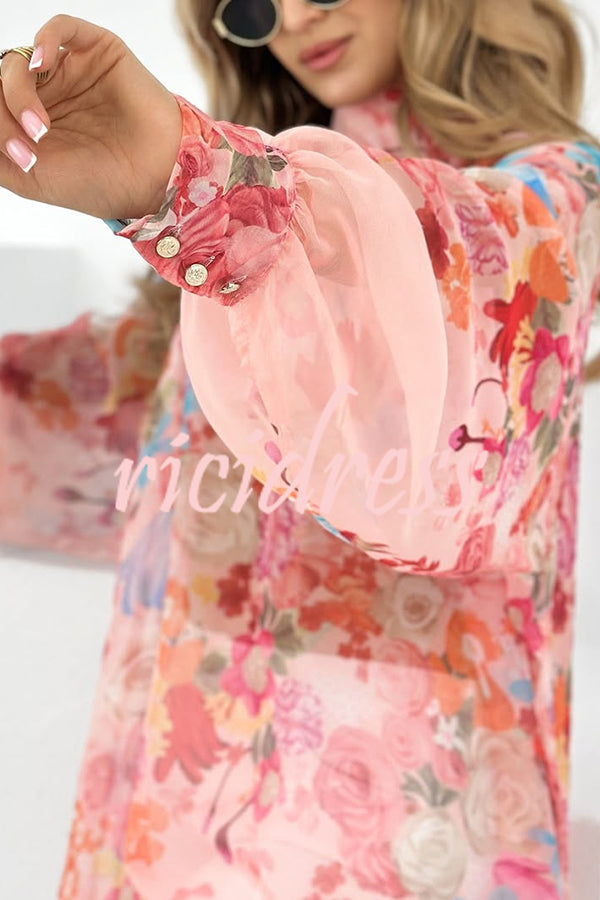 Chiffon Floral Print Turtleneck Long Sleeve Loose Top