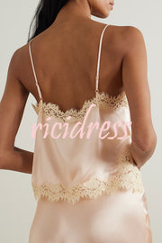 Celebration Look Contrast Color Satin Lace Trim V-Neck Slip Tank