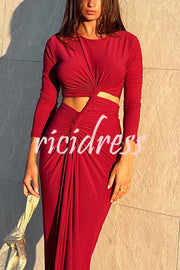 Solid Color Round Neck Long Sleeve Sexy Exposed Waist Slit Maxi Dress