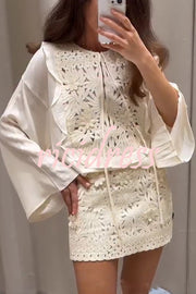 Fashionable Round Neck Tie Hollow Stitching Casual Shirt