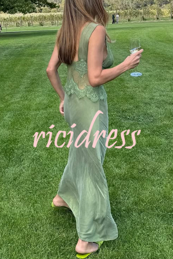 Wonderful Fusion Satin Lace Trim See-through Waist V-neck Drape Maxi Dress