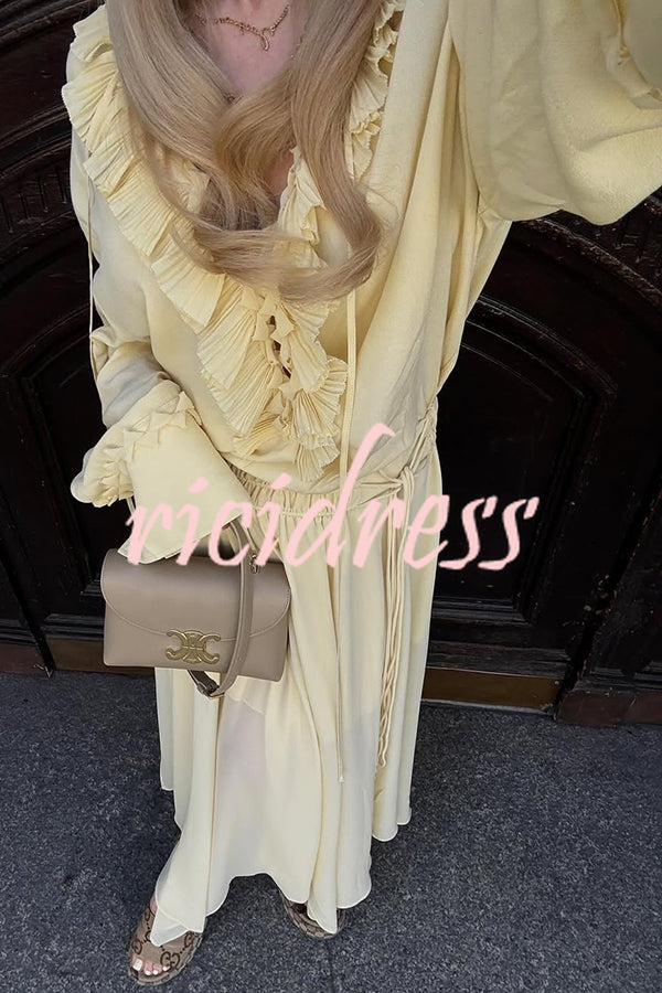 Solid Color Pleated Ruffled Tie Long Sleeve Loose Shirt