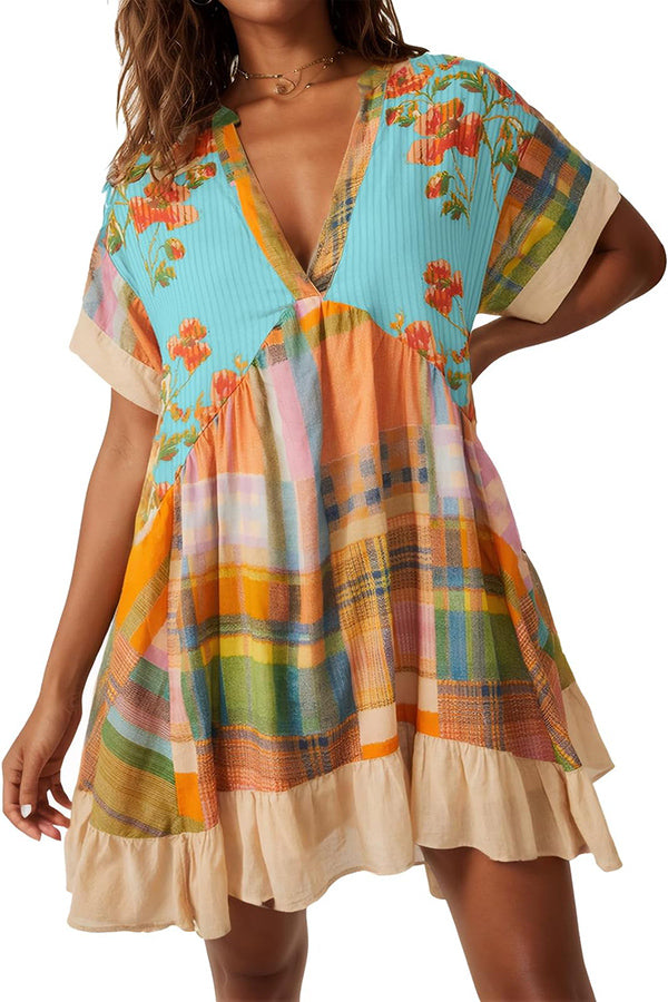 Bohemian Printed Casual Short Sleeve Ruffled Mini Dress