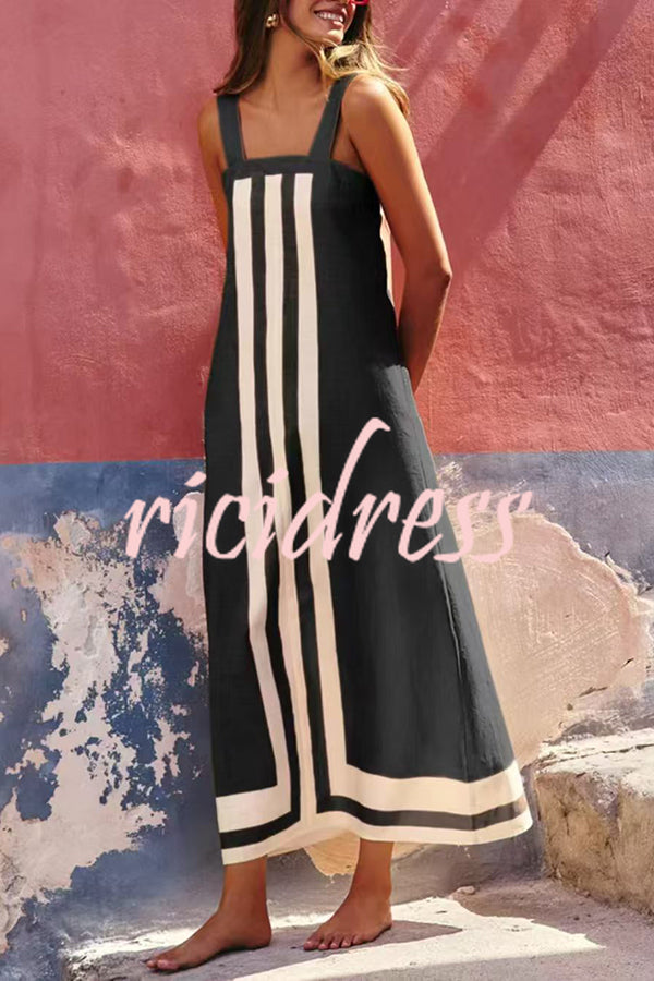 Striped Print Resort Style Casual Sling Maxi Dress