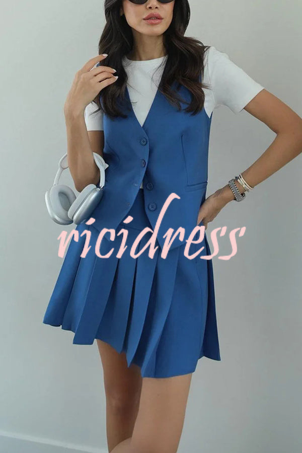 Solid Color Sleeveless Buttoned Vest and High-waisted Pleated Mini Skirt Set