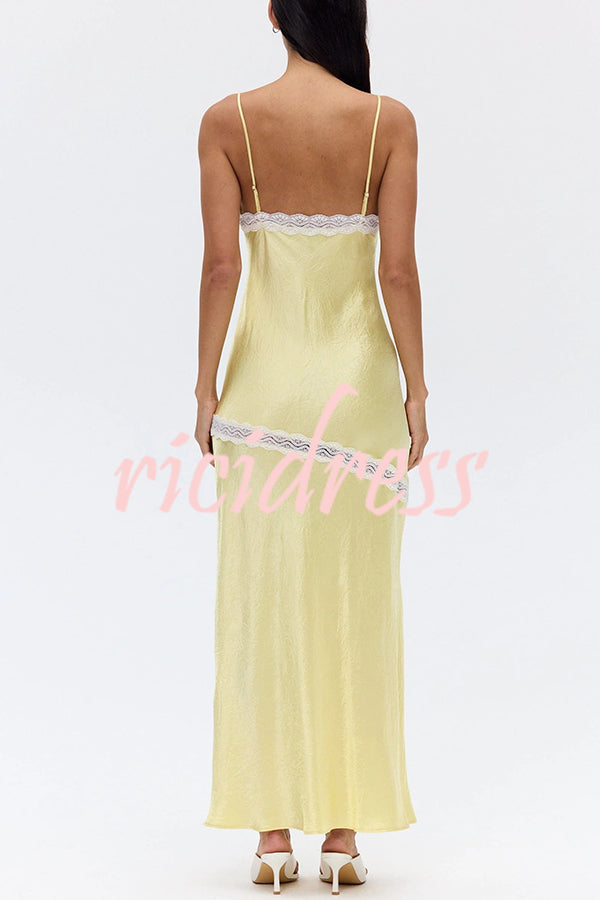 Sweet Trend Satin Lace Trim V-neck Slit Slip Maxi Dress