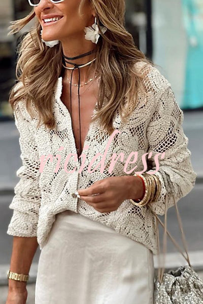 Stylish Knit Hollow Crochet Lace Long Sleeve Shirt Top