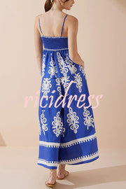 Unique Ethnic Print Suspender Pleated Top and Elastic Waist Loose Wide-leg Pants Set