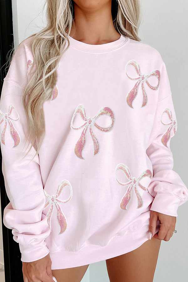 Christmas Sequined Bow Crew Neck Long-sleeved Loose Sweatshirt