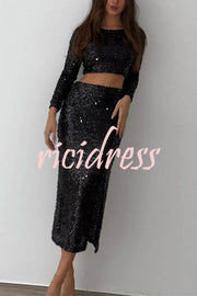 Solid Sequined Long-sleeved Crop Top and Sexy Slit Midi Skirt Set