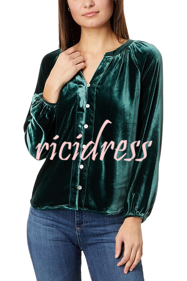 Solid Color Velvet V-neck Long-sleeved Shirt