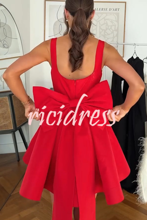 Red Drama Taffeta Square Neck Back Oversized Bow Pocket Mini Dress