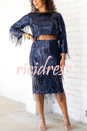 Insight Blueberry Sequin Fringe High Rise Elastic Waistband Midi Skirt