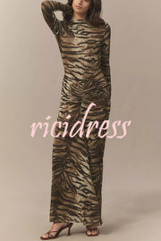 Winston Animal Print High-neck Long Sleeve Ruched Hip Stretch Maxi Dress