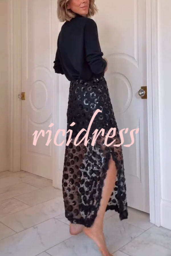Gorgeous Flower Embellished Sequin Sheer High Rise Slit Midi Skirt