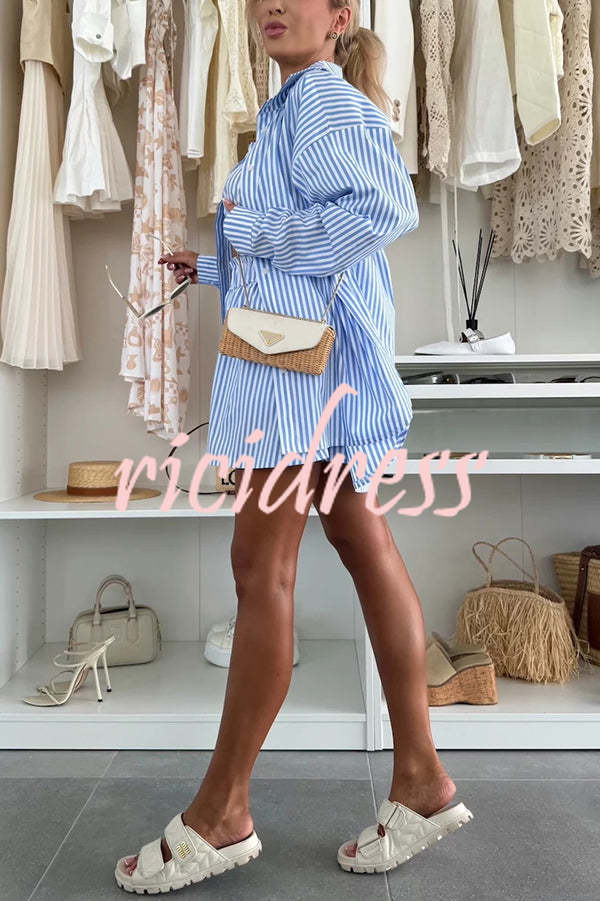 Zoie Striped Stretch Bandeau + Elastic Waist Pocket Shorts + Oversized Blouse 3 Pieces Set
