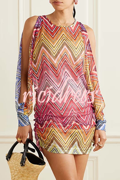 Ivanah Mesh Colorful Zigzag Pattern Long Slit Balloon Sleeve Ruched Mini Dress