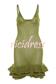 Bali Cutie Knit Layered Ruffle Pleats Hem Tank Stretch Mini Dress