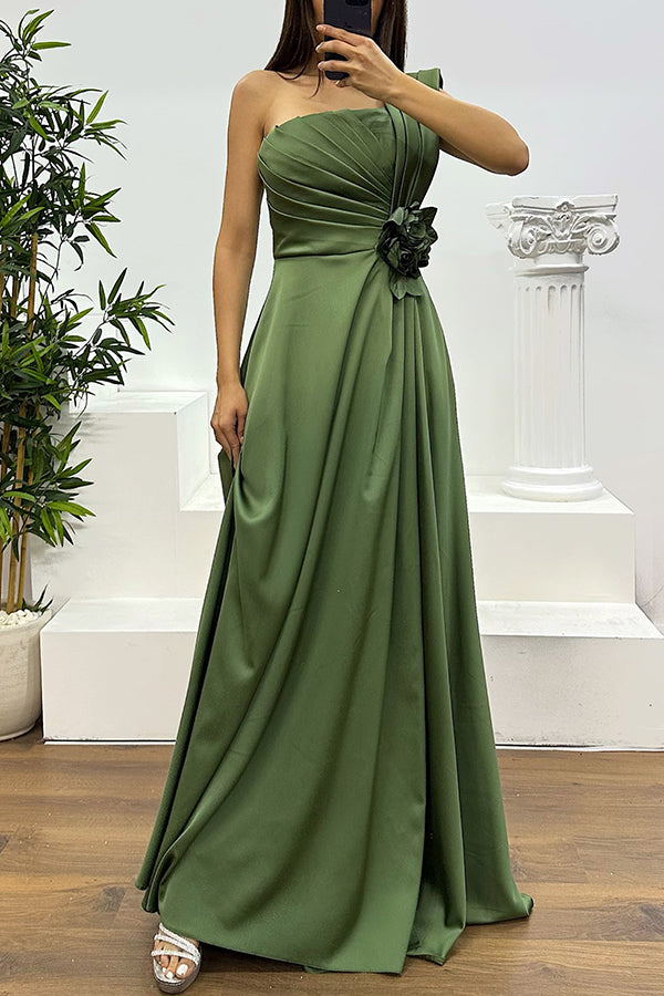 Nasha Satin Pleated One Shoulder Petal Gemstone Detail Pocket Slit Maxi Dress