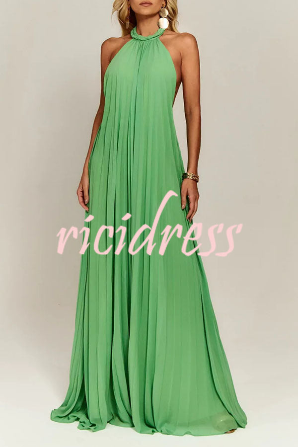 Gabie Chiffon Pleated Braided Halter Neck Backless A-line Maxi Dress