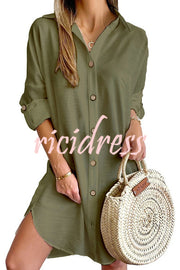 Solid Color Casual Button-Down Shirt Style Mini Dress