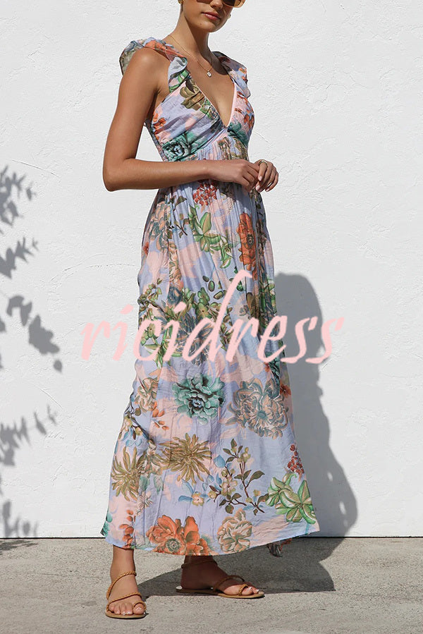 Unique Printed V-neck Ruffled Straps Pleated Back Maxi Dress