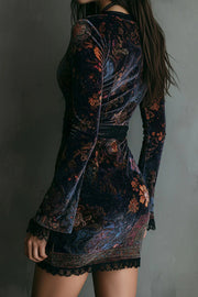 Elegant Velvet Floral Print V-neck Long-sleeved Slim-fit Mini Dress