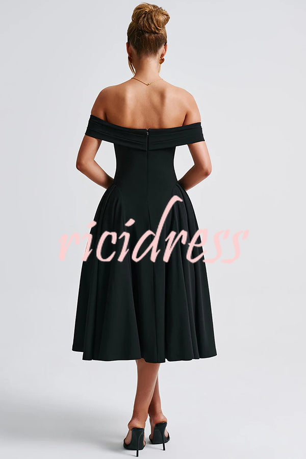 Princess Temperament Batdot Neck Pleat Detail Midi Dress