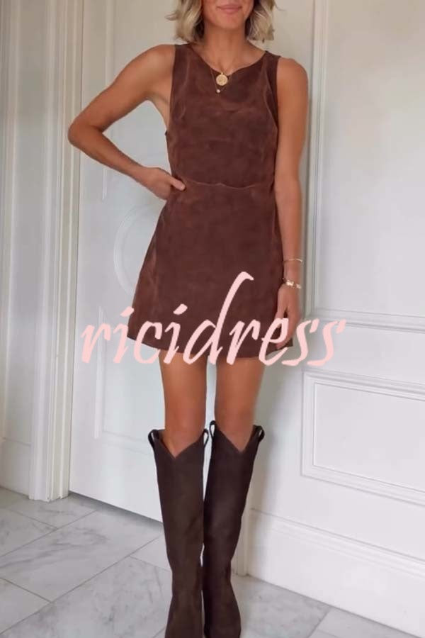 Atlas Faux Suede Open Back Button Accents Zipper Mini Dress