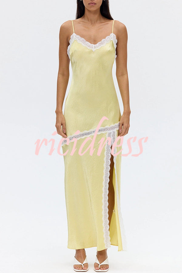 Sweet Trend Satin Lace Trim V-neck Slit Slip Maxi Dress