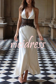 Seductive Details Satin Lace Waist Halter Tie-up Backless Maxi Dress