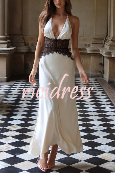 Seductive Details Satin Lace Waist Halter Tie-up Backless Maxi Dress