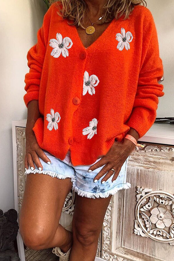 Floral Knit Single Breasted Long Sleeved Cardigan Coats