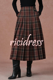 Yehudit Plaid Belt Buckle Design High Rise Pocket Midi Umbrella Skirt
