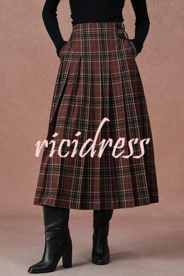 Yehudit Plaid Belt Buckle Design High Rise Pocket Midi Umbrella Skirt