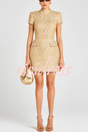 Gold Standard Tweed Fabric Pearl Button Short Sleeve Pocketed Mini Dress
