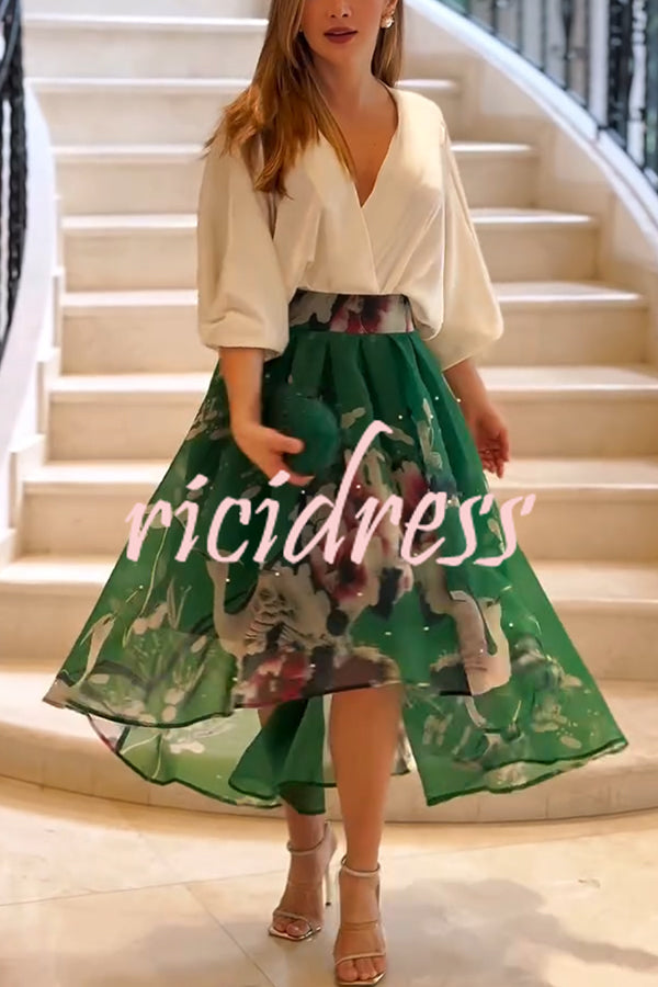 Tessy Batwing Sleeve Top and Floral Elastic Waist Pearls Detail High Low Midi Skirt Set