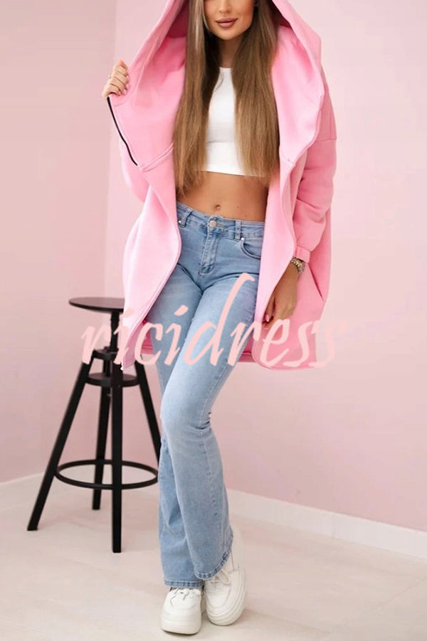 Solid Color Loose Hooded Zip-up Casual Sports Jacket