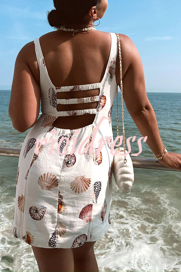 Steph Linen Blend Shells Unique Print Back Elastic Design Mini Dress