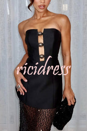 Nerissa Satin cutout metal ball Patchwork sequin hem strapless maxi dress