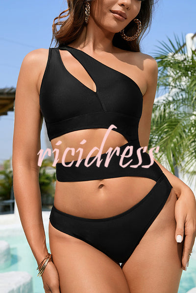 Solid Color Sexy Hollow One Shoulder Stretch One-Piece Swimsuit