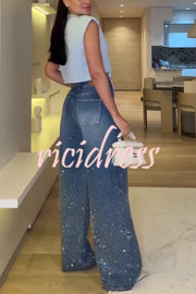 Fashion Star Rhinestone High Rise Casual Pocket Straight Loose Jeans