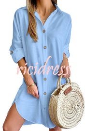 Solid Color Casual Button-Down Shirt Style Mini Dress