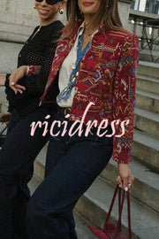 Vintage Bohemian Printed Chinese Style Buttons Long Sleeve Crop Jacket