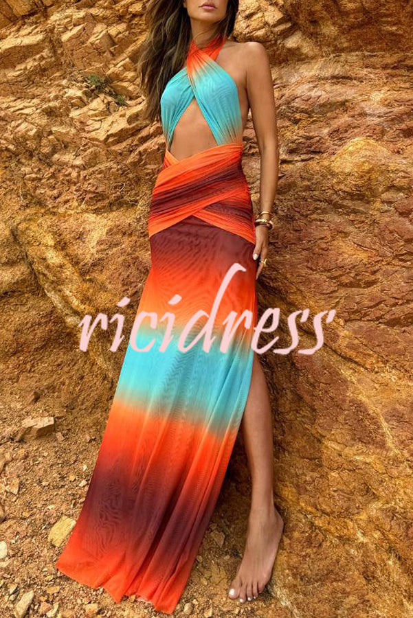 Neon Sunset Mesh Printed Cross Halter Neck Backless Vacation Maxi Dress