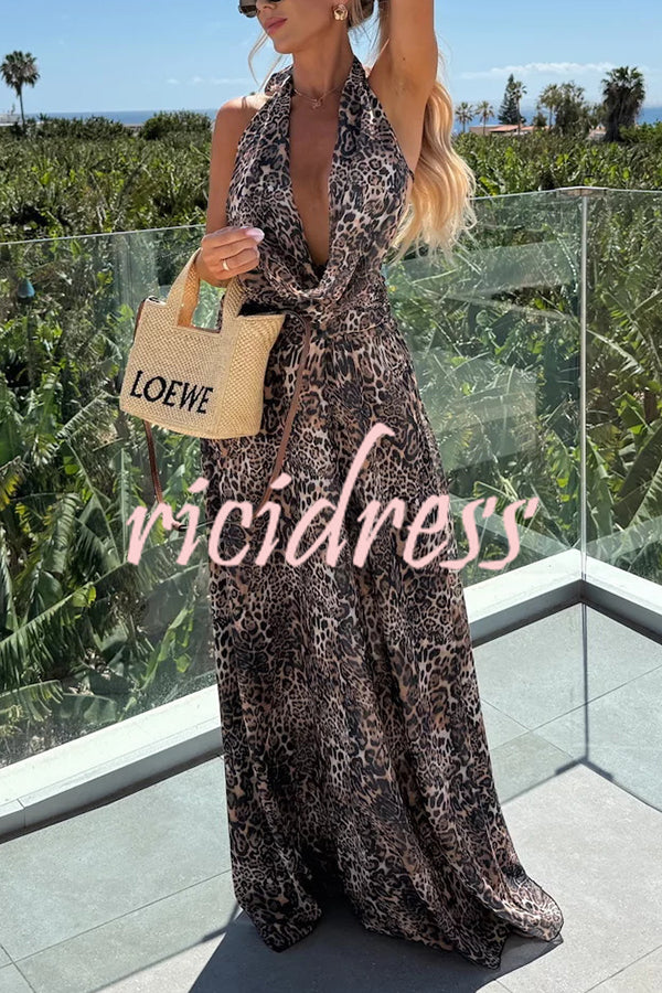 Sexy Sleeveless Backless Halter Neck Lace Up Maxi Dress