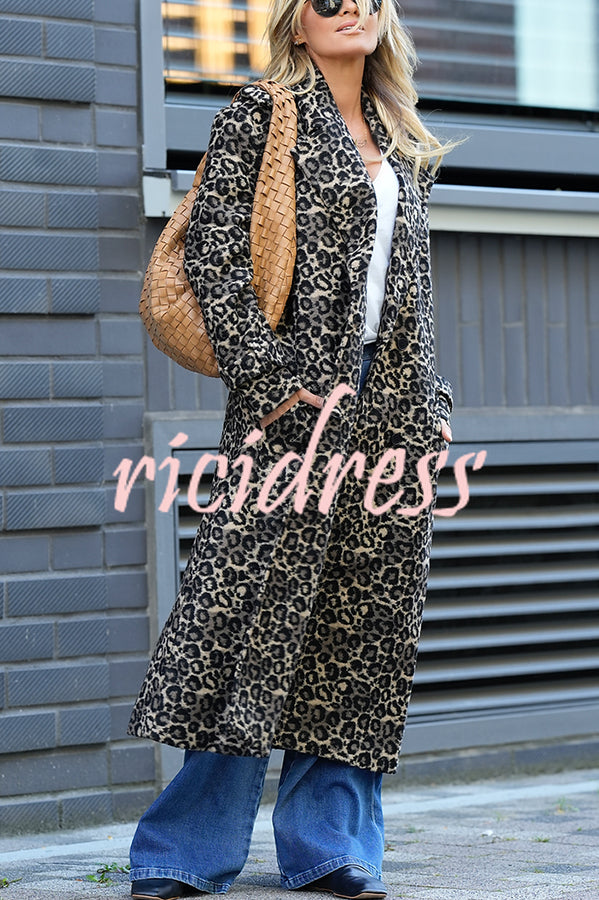Leopard Affair Animal Print Epaulettes Long Sleeve Pocketed Lapel Midi Trench Coat