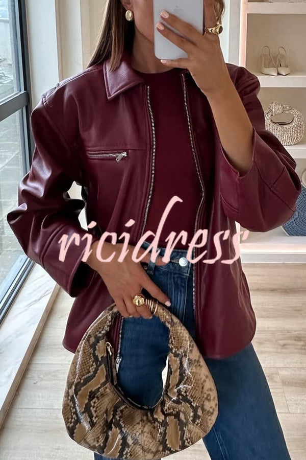 Fashion Lapel Long Sleeve Pocket Zipper Leather Jacket