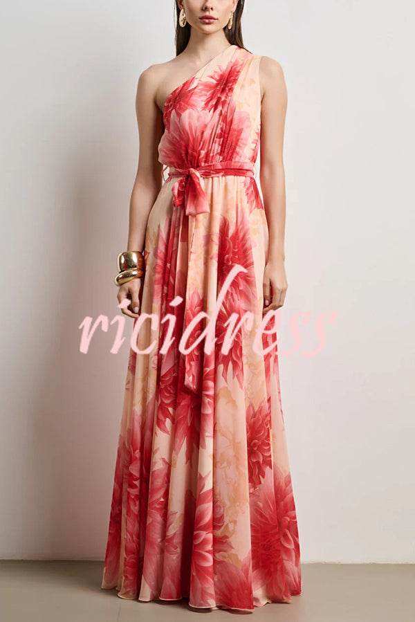 Floral Print One Shoulder Waist Tie Full Hem Resort Style Maxi Dress