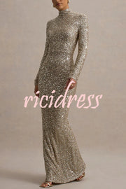 Galaxy Premium Sequin Turtle Neck Long Sleeve Maxi Dress